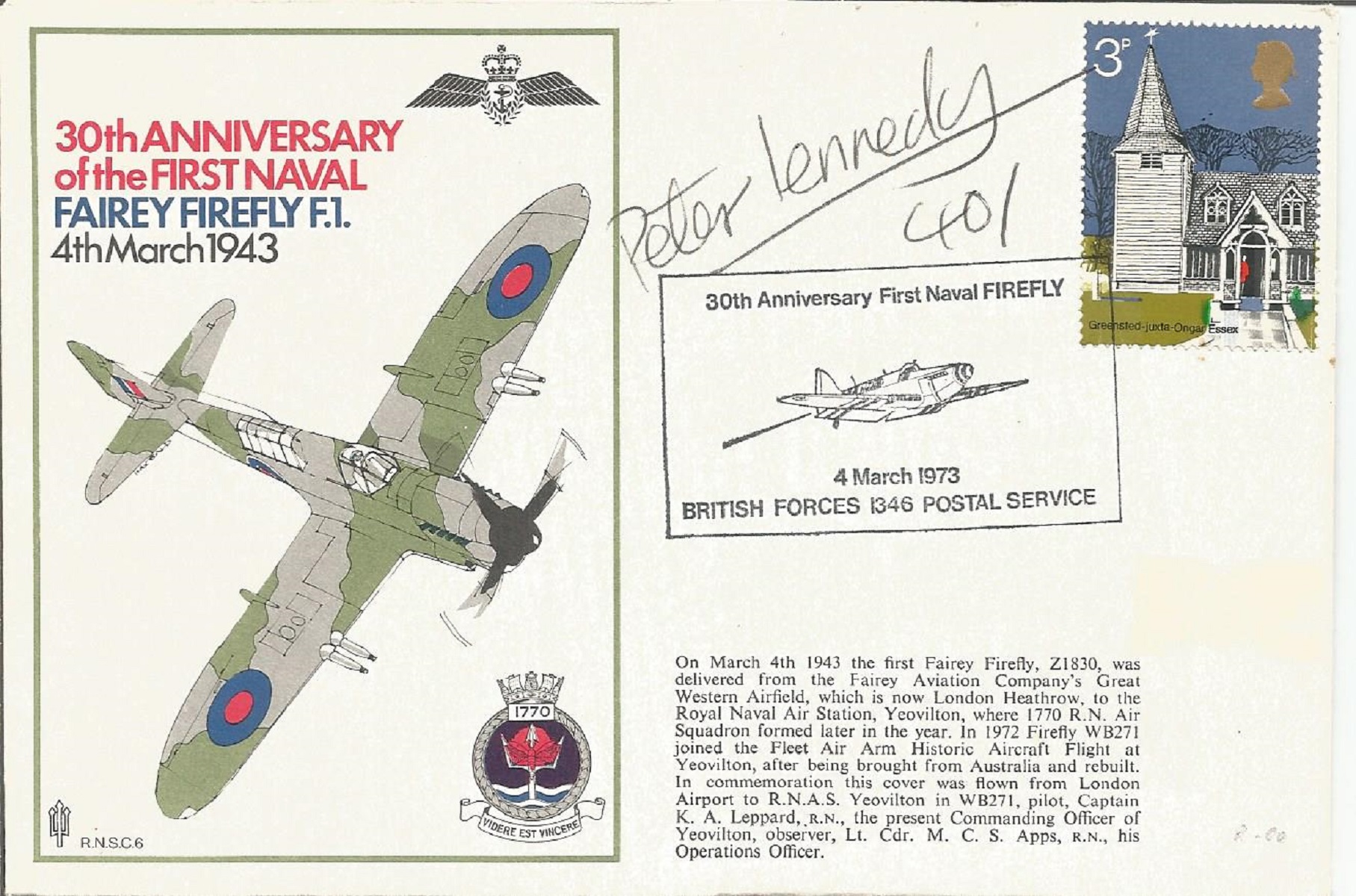 Peter Kennedy 401 Sqn signed RNSC6 cover commemorating the 30th Anniversary of the First Naval