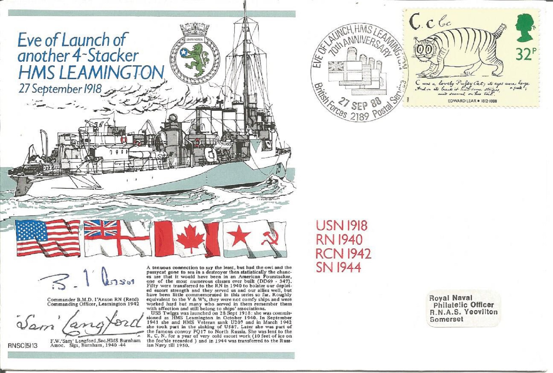 Commander B M D I'Anson and F W Sam Langford signed RNSC(5)13 cover commemorating the Eve of