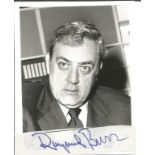 Raymond Burr signed sticker on 5 x 4 inch b/w photo Condition 8/10. All autographs come with a