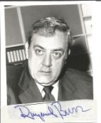Raymond Burr signed sticker on 5 x 4 inch b/w photo Condition 8/10. All autographs come with a