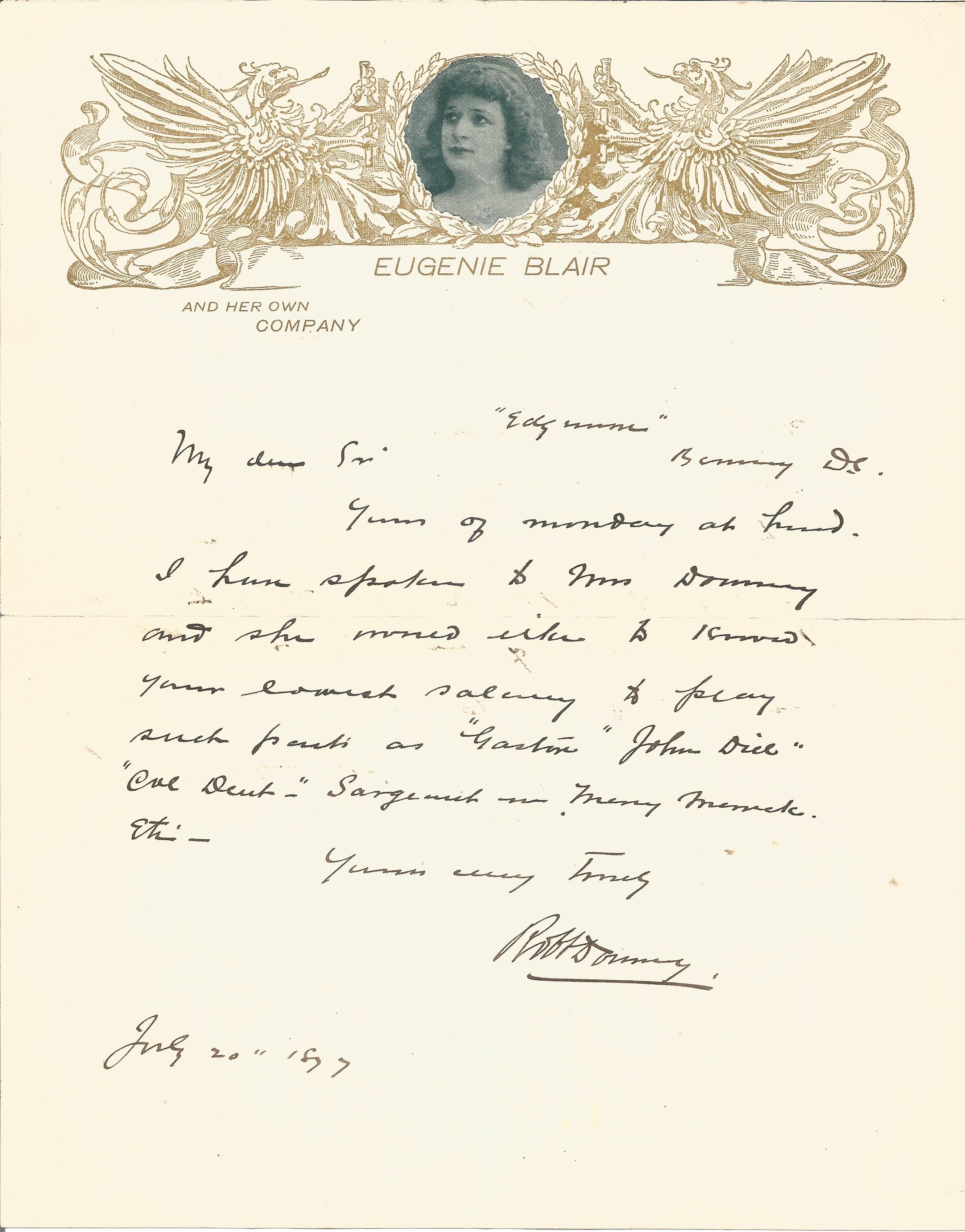 Eugenie Blair signed handwritten letter, 1897 on her own letterhead regarding acting roles. American