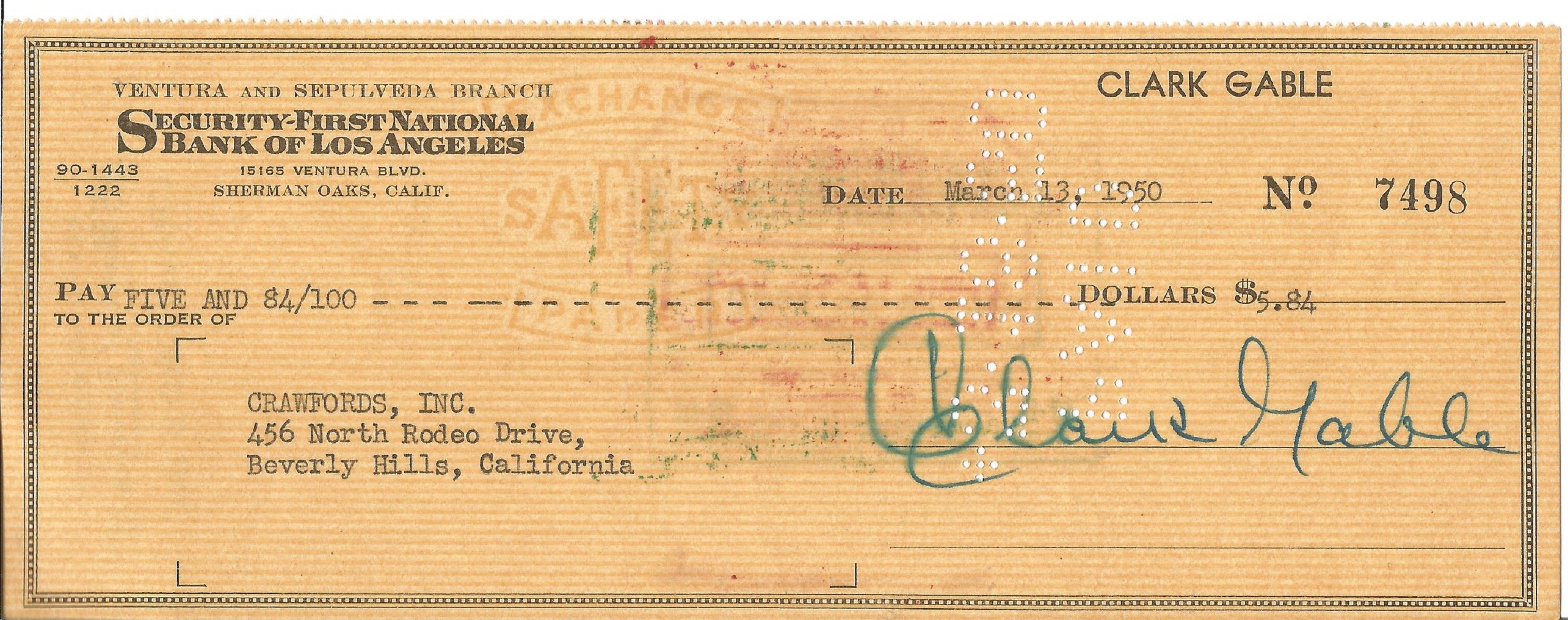 Clark Gable signed 1950 bank cheque, $5.84 to Crawfords Inc. Security First National Bank