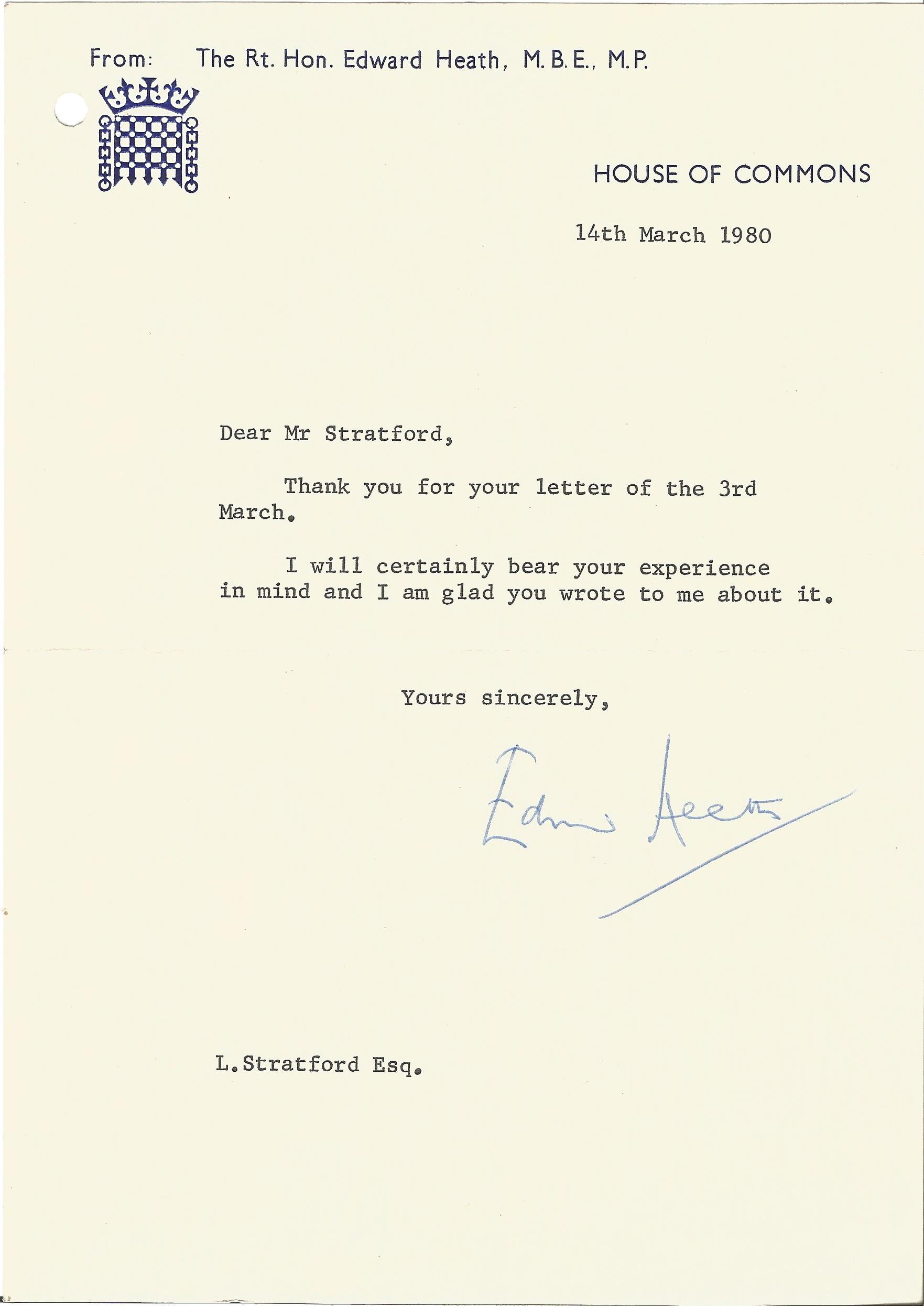 Prime Minister Edward Heath TLS typed signed letter 1980 on House of Commons letterhead