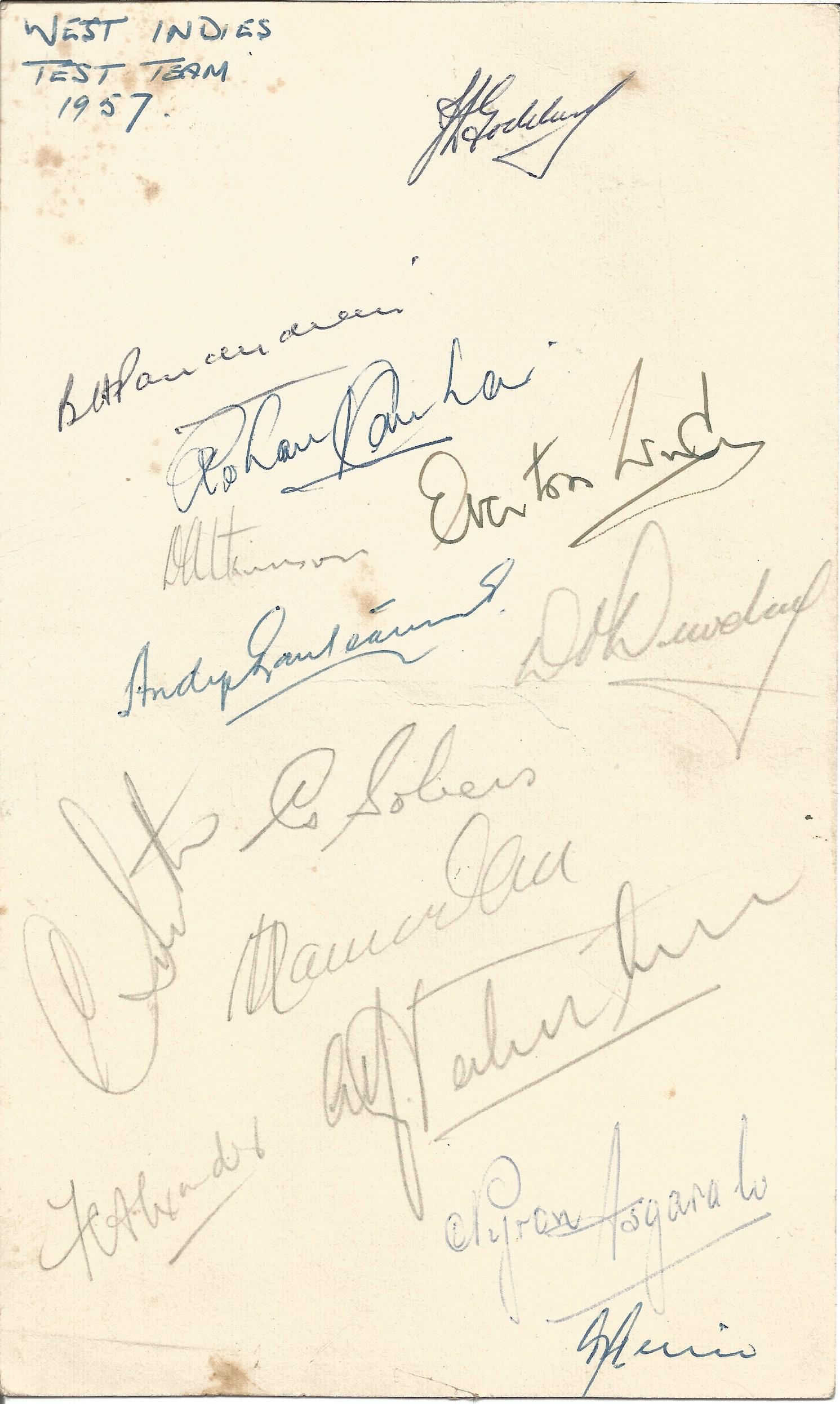 Cricket 1957 West Indies Test squad signed Taunton hotel card. 14 autographs inc. John Goddard