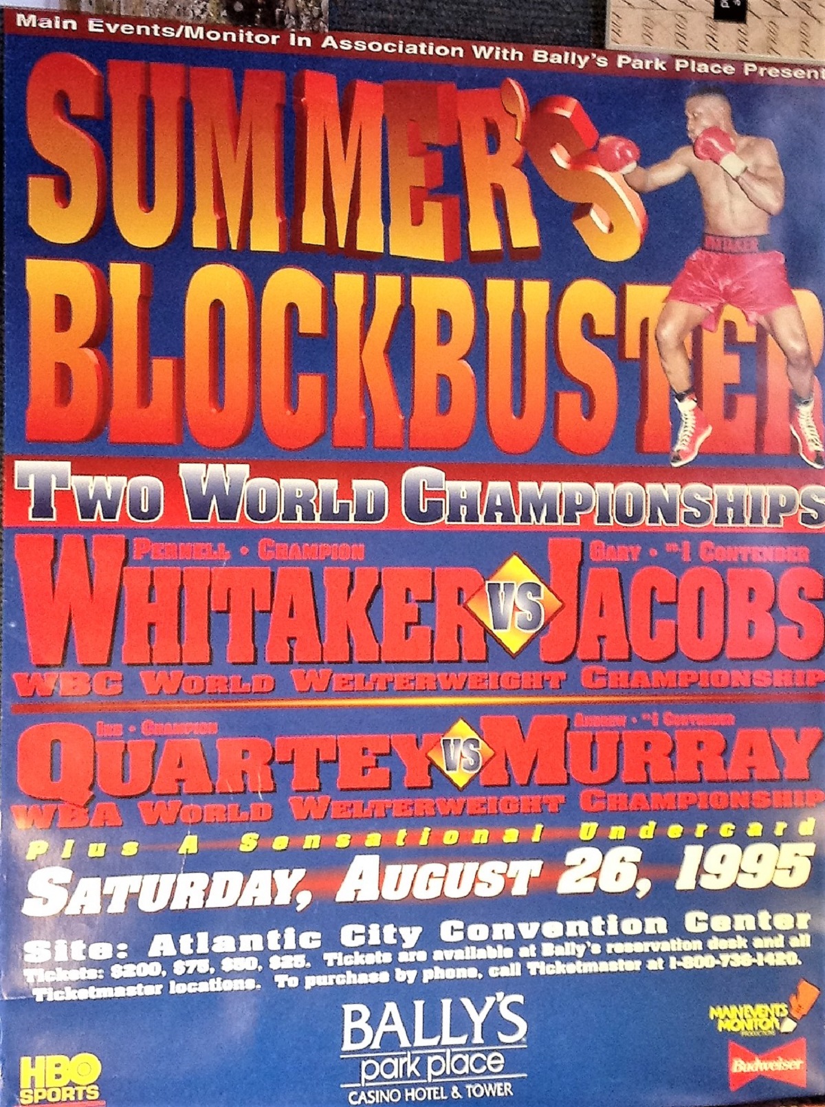 Pernell Whitaker Vs Gary Jacobs 1995 World Title 22x28 Boxing Poster. Condition 8/10.