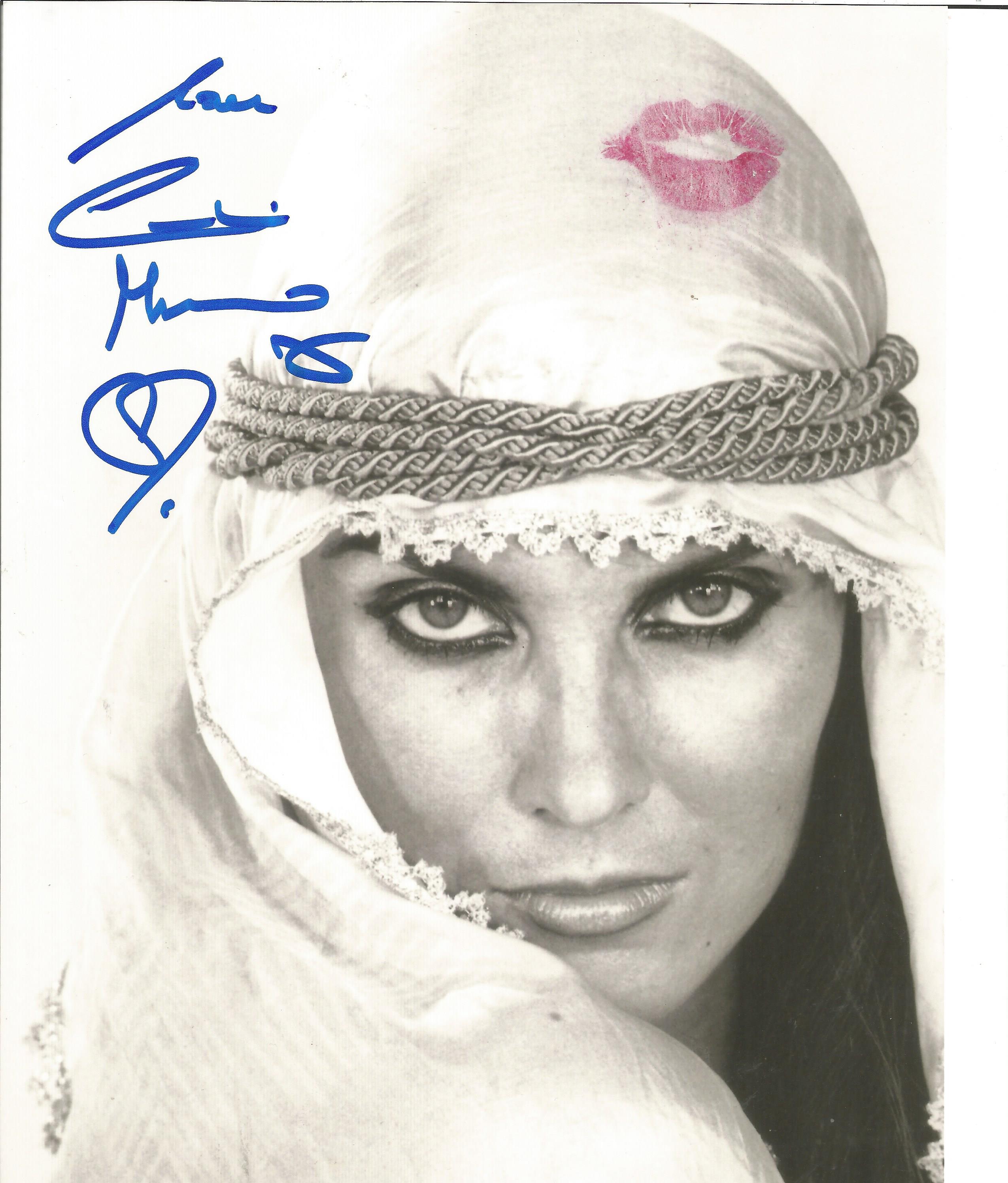 James Bond Caroline Munro signed 10 x 8 inch b/w photo with added pink Lipstick Kiss to top RH side.