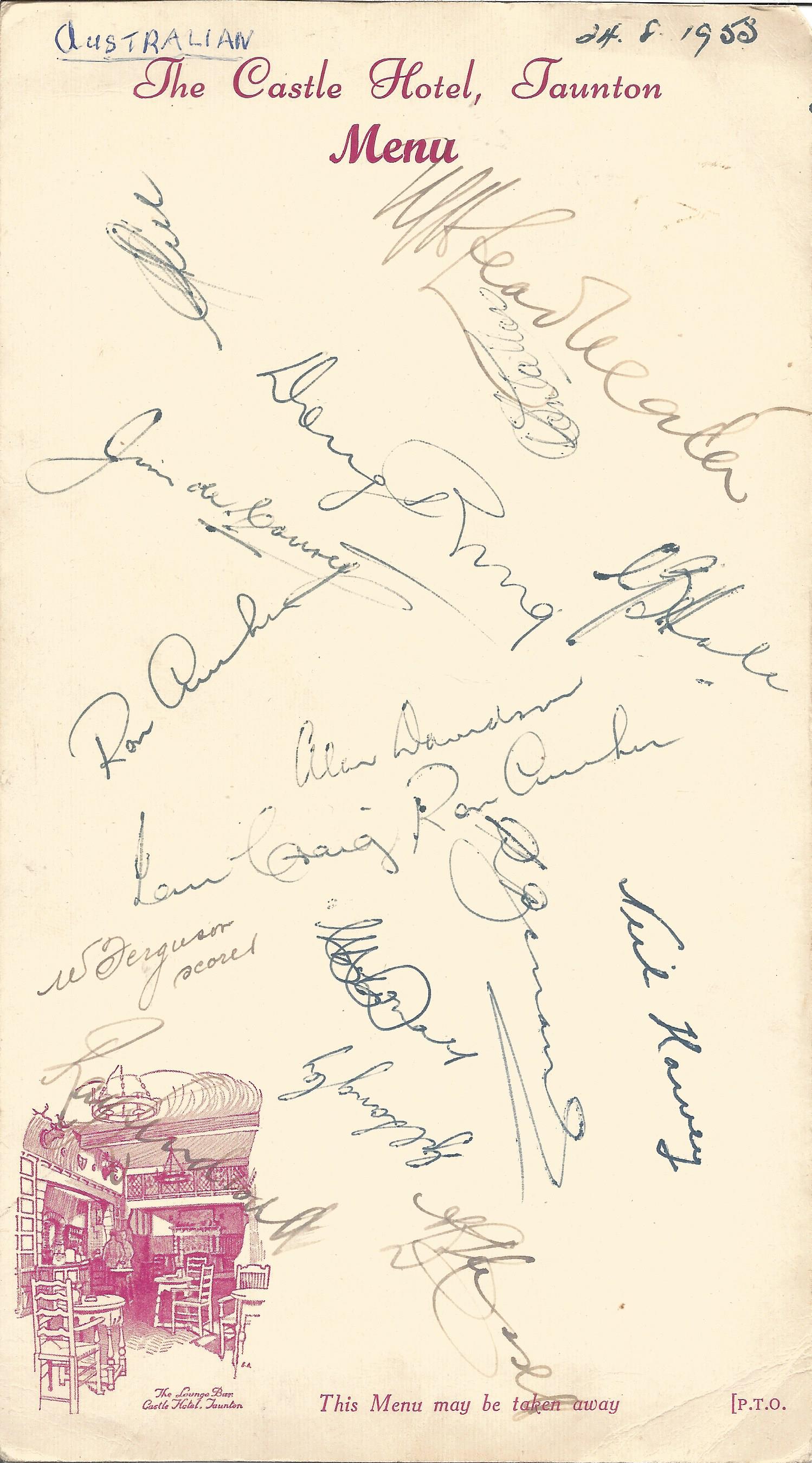 Cricket 1953 Australian Test squad signed on Taunton hotel card, 17 autographs