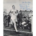 Sir Roger Bannister signed 16 x 12 b/w page of him crossing 4 min mile finishing line