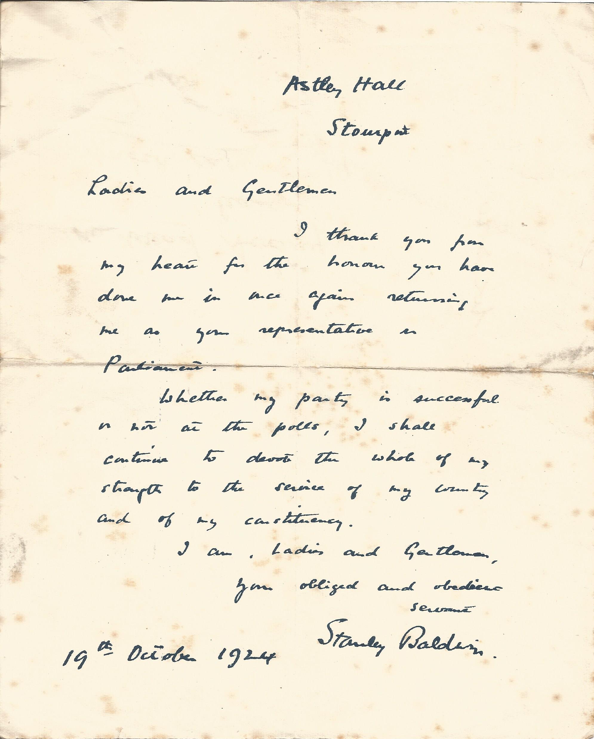 Prime Minister Stanley Baldwin hand written letter 1924, 10 days before the election