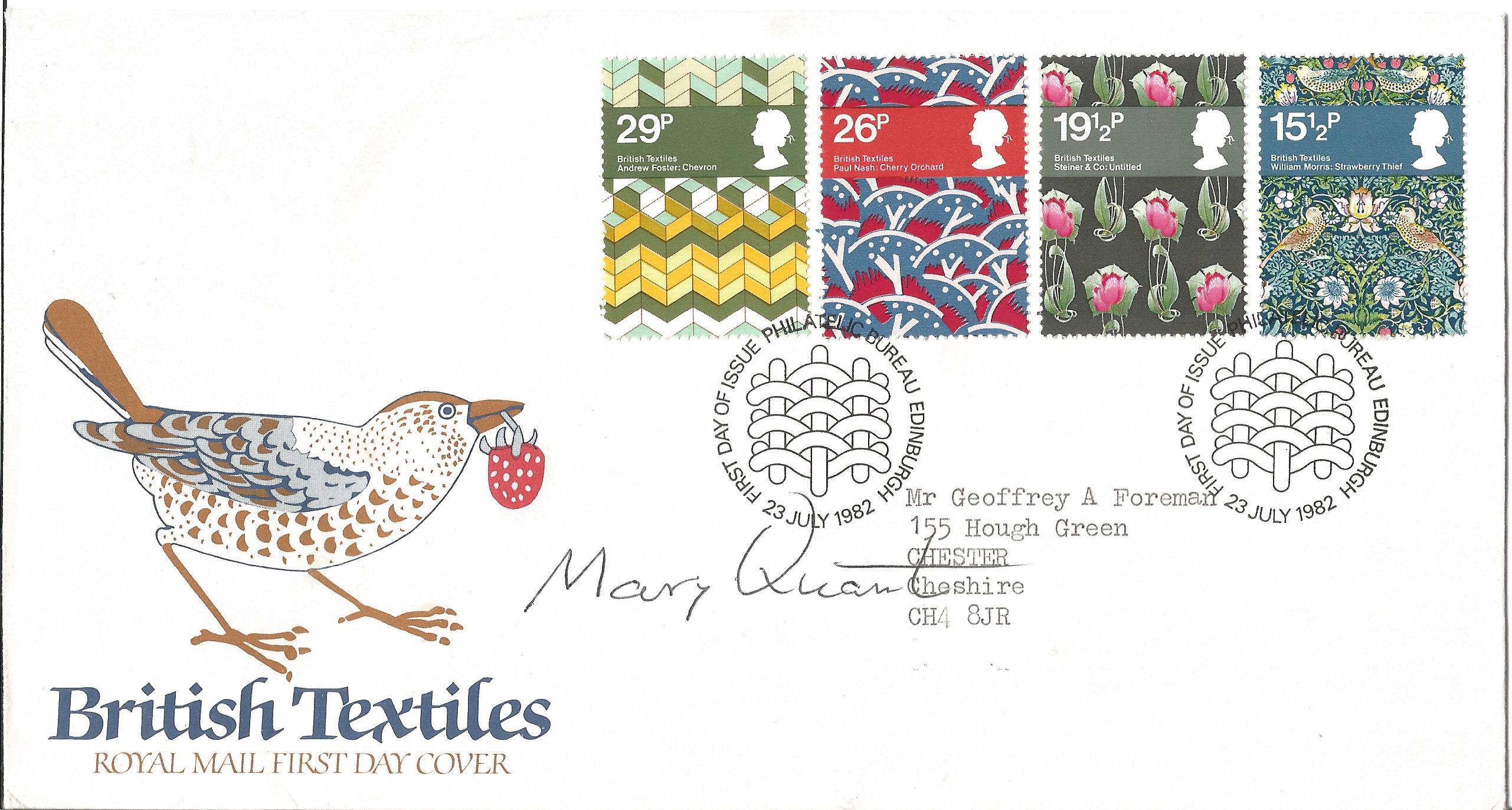 Mary Quant fashion designer signed 1982 Textiles FDC with neat, typed address. Condition 7/10.