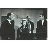 Margaret Thatcher signed 12 x 8 inch laser copy photo; hand signed in black. Condition 8/10.