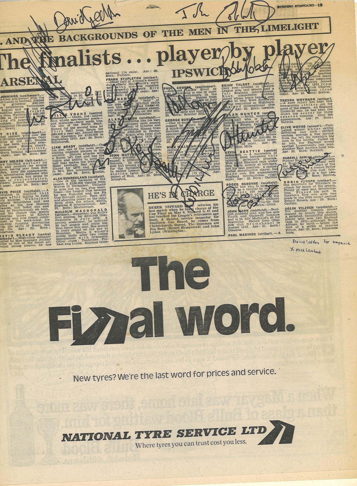 1978 FA Cup Final, Arsenal v Ipswich Evening Standard b/w team list page signed by 14 inc. Russell