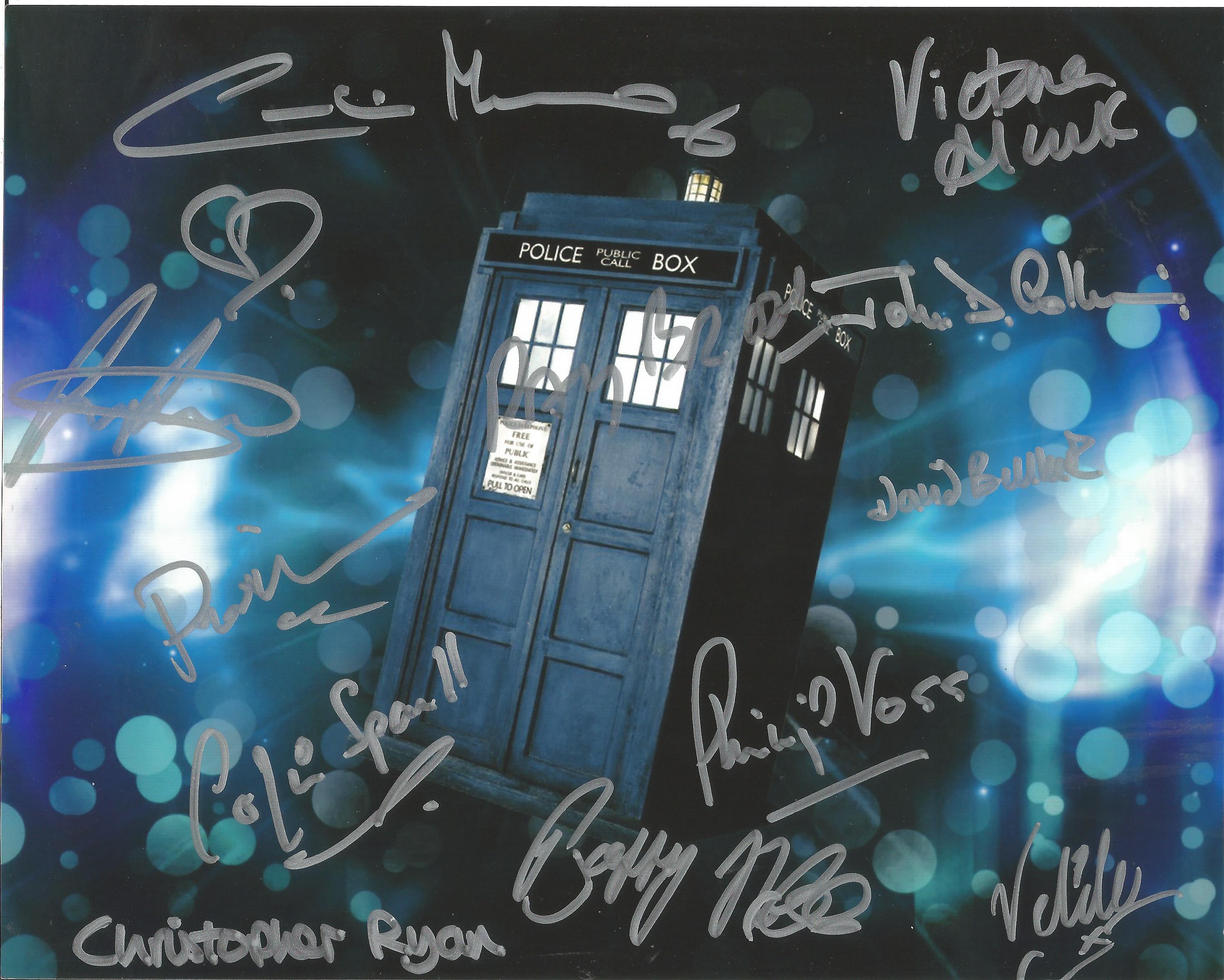 Dr Who 10x8 inch multi signed Tardis colour photo signed by 12 stars from the iconic show