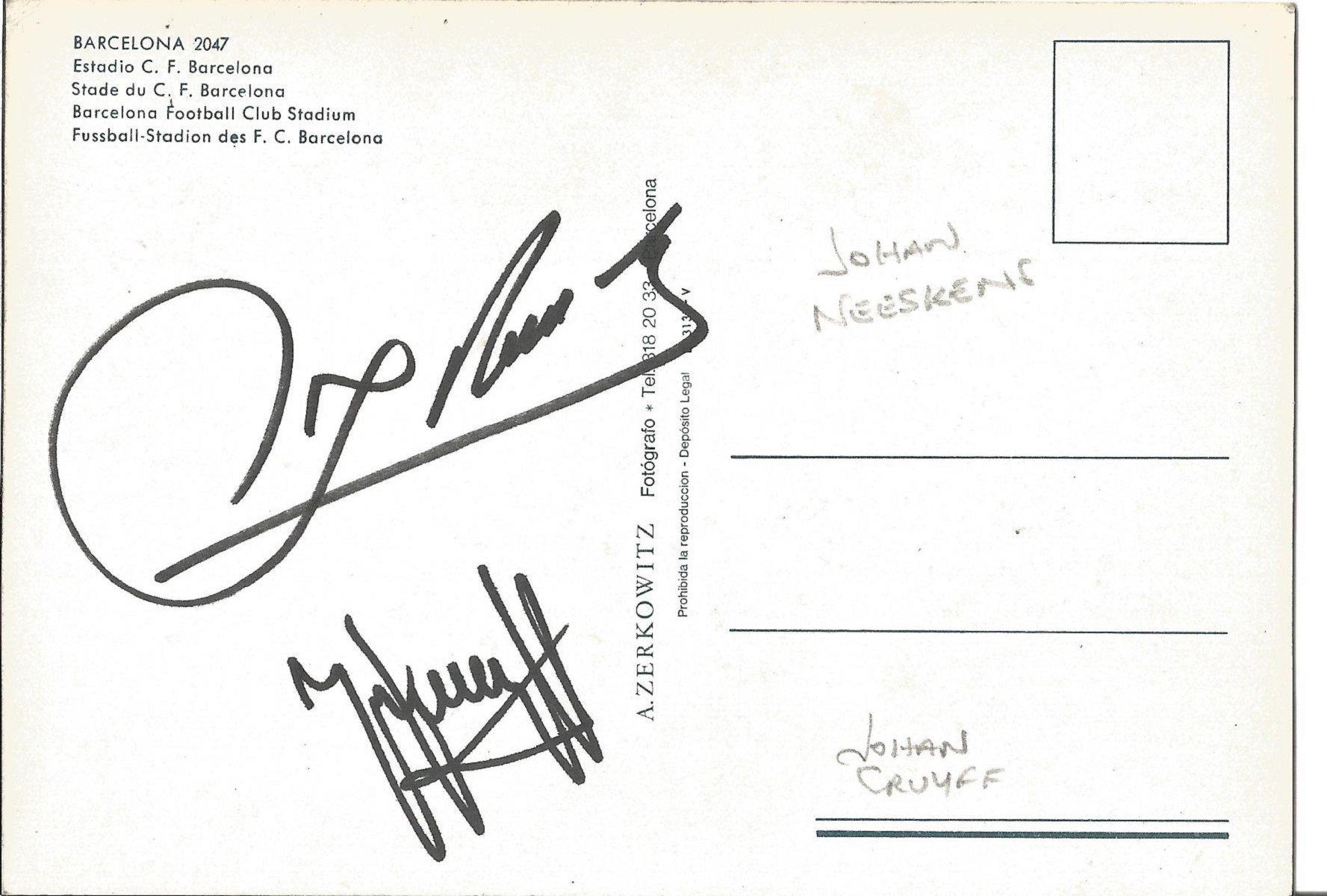 Football Johan Cruyff and Johan Neeskens signed on back of Barcelona Stadium colour postcard.