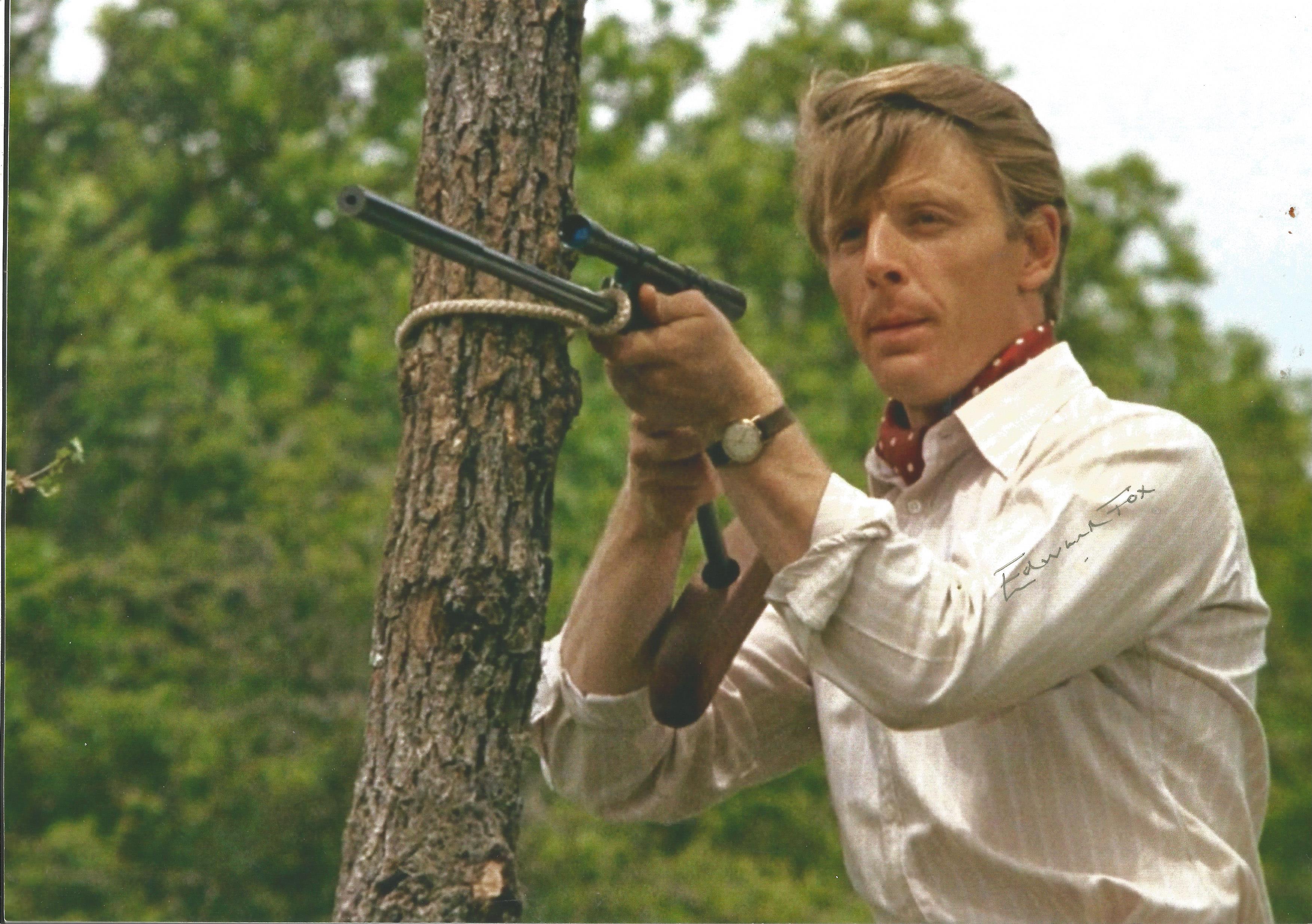 Edward Fox signed classic Day of the Jackal 12 x 8 inch colour sniper practise photo.