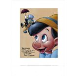 Eddie Carroll signed 13x10 Disney Pinocchio print inscribed best wishes Jiminy Cricket and his voice