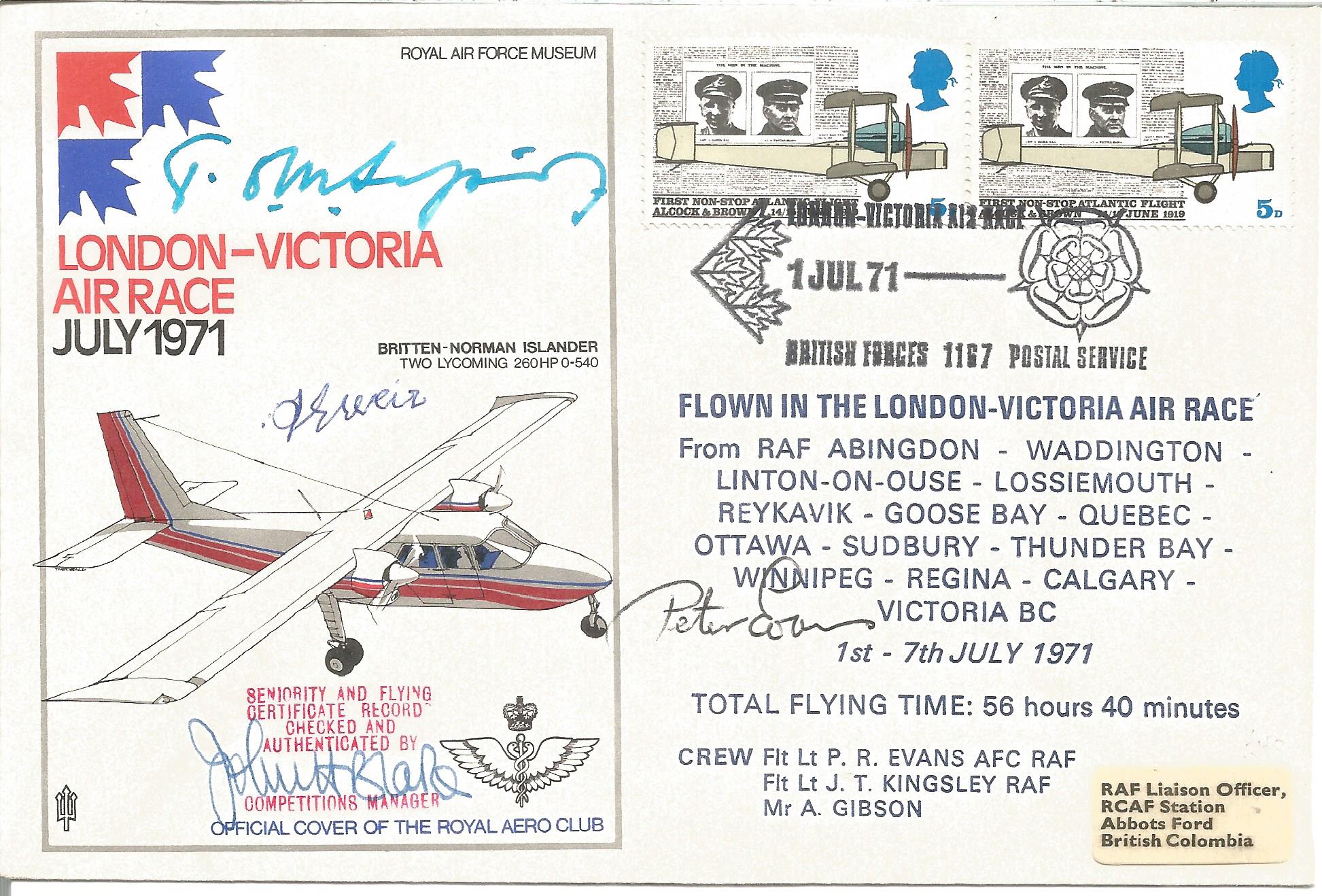 Tom Sopwith, Flt Lt P. R. Evans with two other signed London - Victoria Air Race July 1971 cover NO.