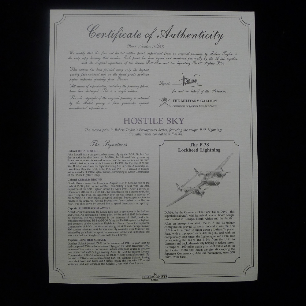 Robert Taylor Hostile Sky Artist Proof signed by 4 WW2 pilots (2 Luftwaffe Fw-190 pilots and 2 USAAF - Image 4 of 4