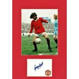 George Best signed card mounted below colour Man Utd photo. Approx overall size 16x12. All