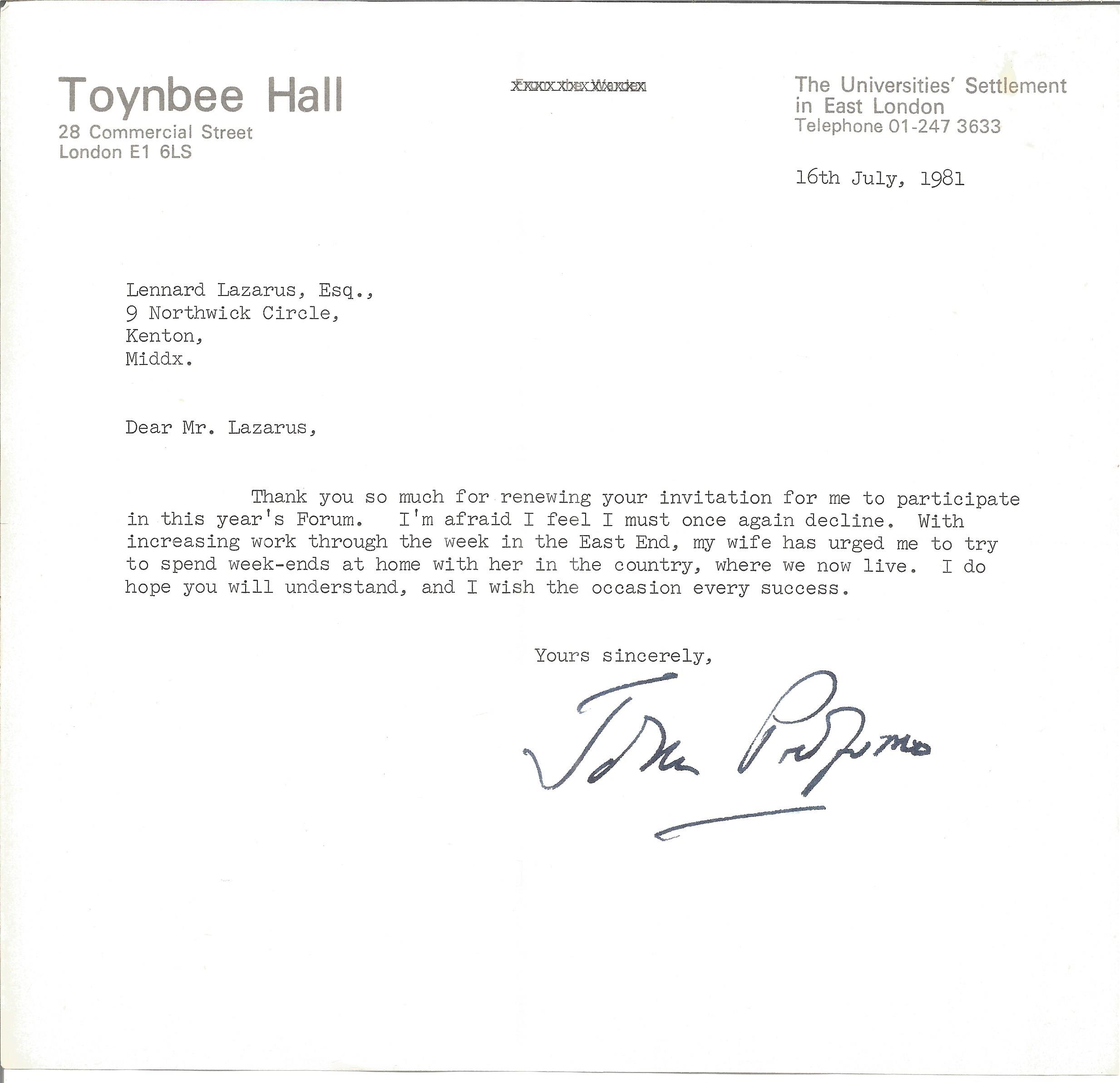 John Profumo TLS dated 16th July 1981 on Toynbee Hall headed paper replying to invitation to a forum