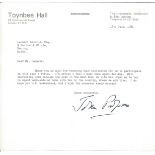 John Profumo TLS dated 16th July 1981 on Toynbee Hall headed paper replying to invitation to a forum