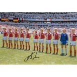 JESPER OLSEN 1986, football autographed 12 x 8 photo, a superb image depicting Danish players posing