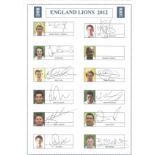 England Lions 2012 signed A4 sheet. 11 signatures in total. Amongst them are Stokes, Root,