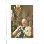 John Gielgud signed 8 x 6 inch colour photo, fixed to A4 page. Condition 7/10. All autographs come