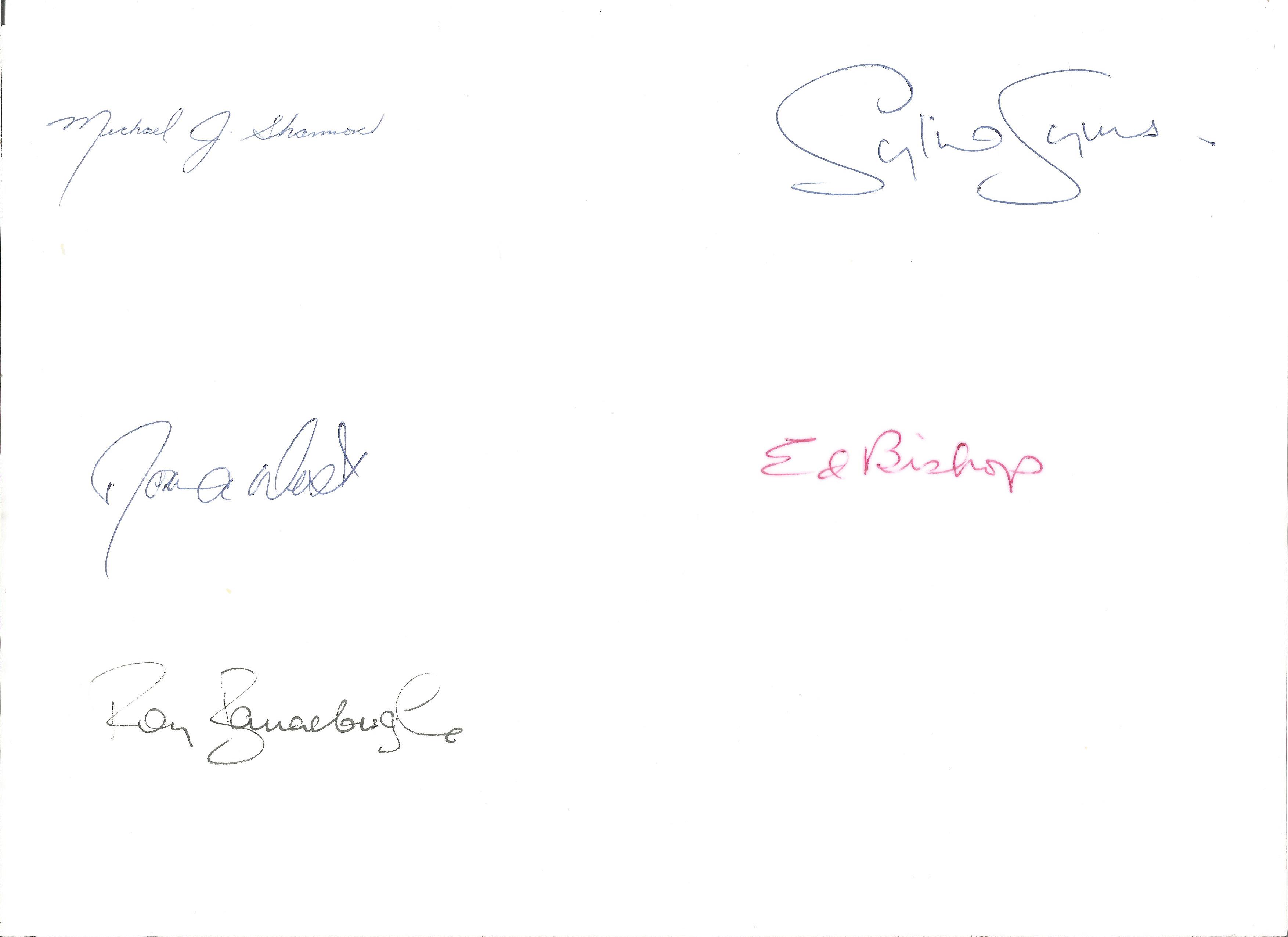 Sylvia Syms, Roy Barraclough, Ed Bishop, Norma West and Michael Sharman signed A4 page. All