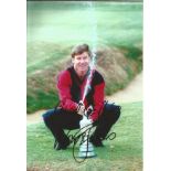 Nick Faldo signed 12 x 8 photo. Nick is one of the most well-known golfers in the world, with 9