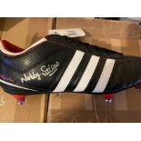 Nobby Stiles. Mint condition Adidas 1970's style football boot signed by the late Nobby Stiles. VERY