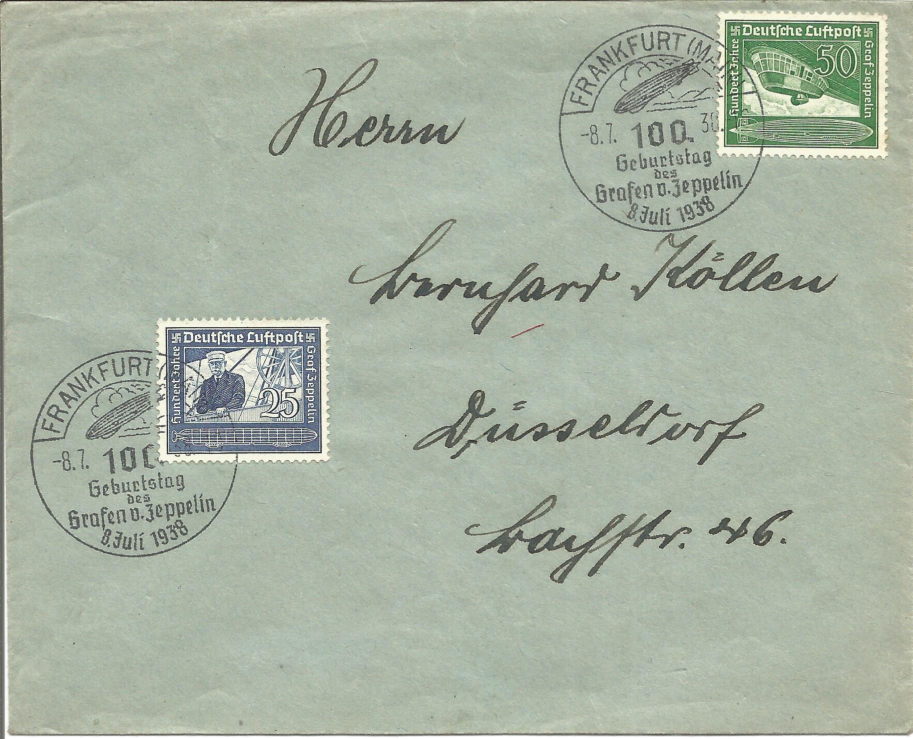 German vintage envelope double post mark commemorating centenary of the birth of Count Zeppelin 8/