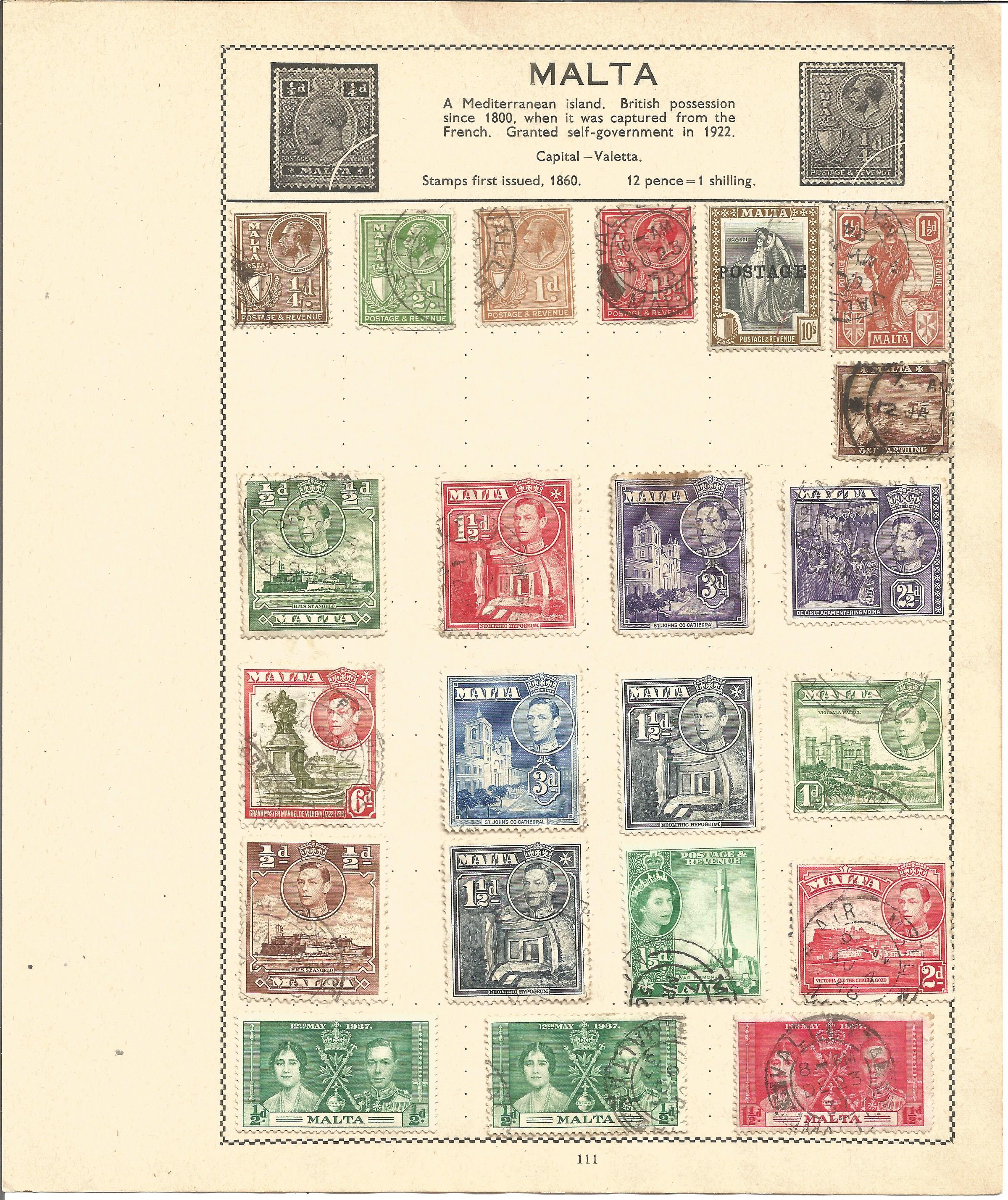 British Commonwealth stamp collection 5 loose album leaves includes countries such as Malta,