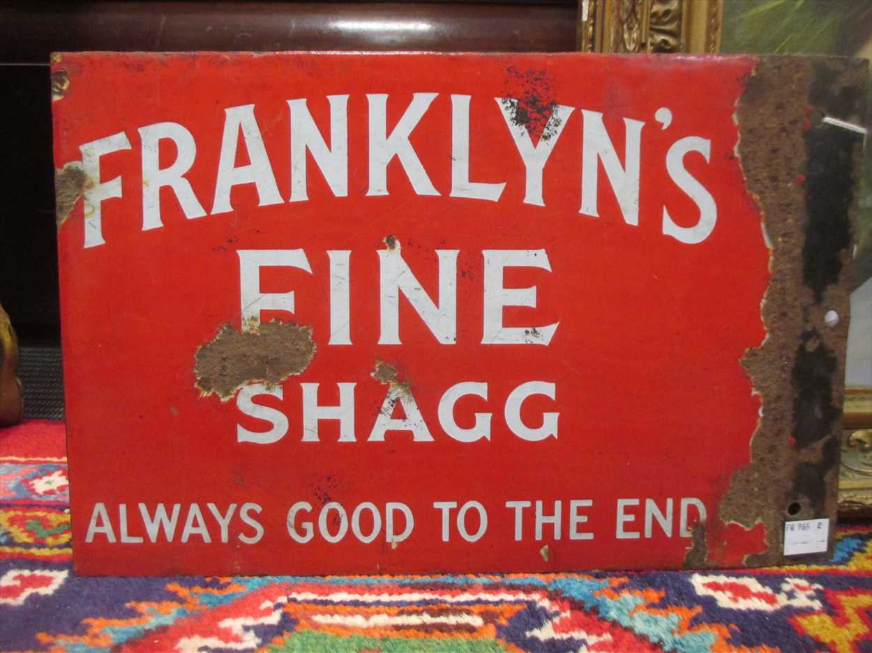 Franklyn's Fine Shagg, Always good to the end , a red ground enamel double sided sign (Dimensions: