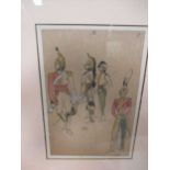 A set of ten pen and watercolour early 20th century studies of military uniforms throughout the