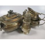 A silver three piece tea set together with a silver sugar caster, 45.9ozt gross (Qty: 2)