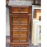 A French late 19th century burr walnut and marble topped pot cupboard in the form of a bank of