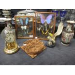 Two framed sets of butterflies, a small pair of Canton vases and other items