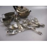 A small silver three piece tea set, together with various silver spoon etc. needs a pin for lid on