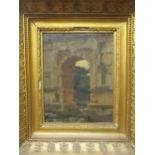 English School 19th century A Roman Arch Oils on wooden panel 39 cm by 30 cm In a decorative gilt