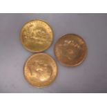 three gold sovereigns, 1887, 1906, and 1912 (2)