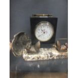 An aestheitc movement style clock , a WMF style art nouveau pin tray and a marble and bronze dove