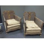 A Chinoiserie three piece bergere suit to include a three seater settee and two arm chairs, the