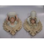 Pair of Hadley Worcester porcelain wall pockets of a boy and girl with baskets.