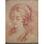 A red chalk study of a female head, probably 19th century, in the French manner, c.20.5 x 16.5cm