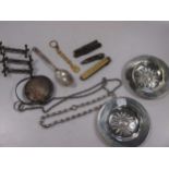 An Egyptian gold keychain, together with a George Jensen silver spoon and other items