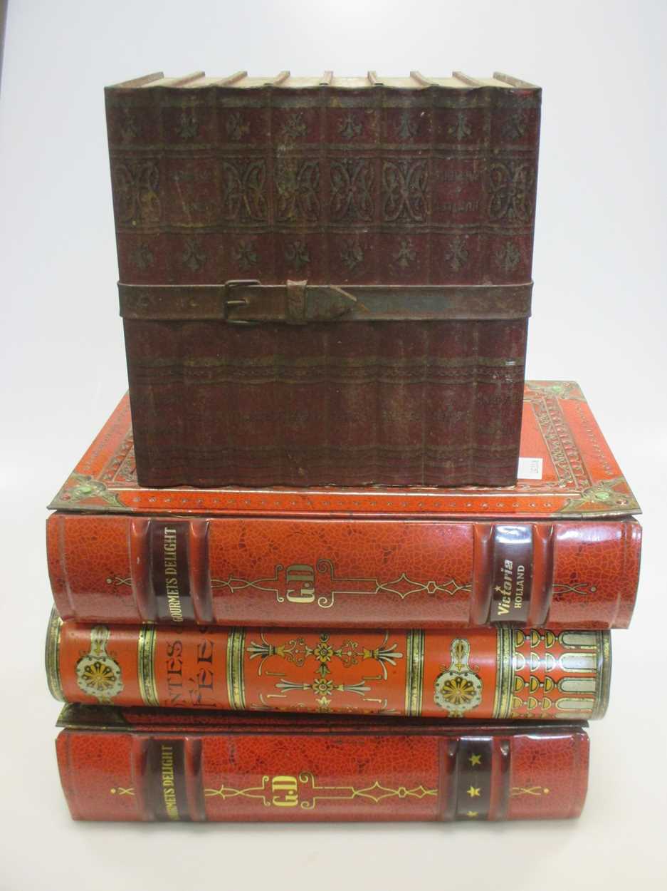 A Huntley & Palmers 'Bound Books' biscuit tin and three various book tins (4)