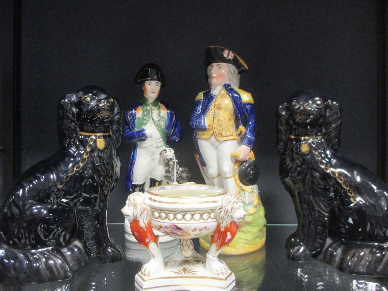 A Nelson Toby jug and a Napoleon jug and a 19th century incense pot pouri and a pair of black glazed