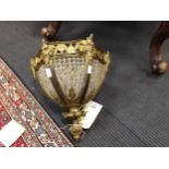 A gilt and lacquered brass hanging ceiling light, with six panels of glass bead decoration