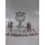 A cut glass sugar bowl with a collection of mainly silver spoons and a vinaigrette